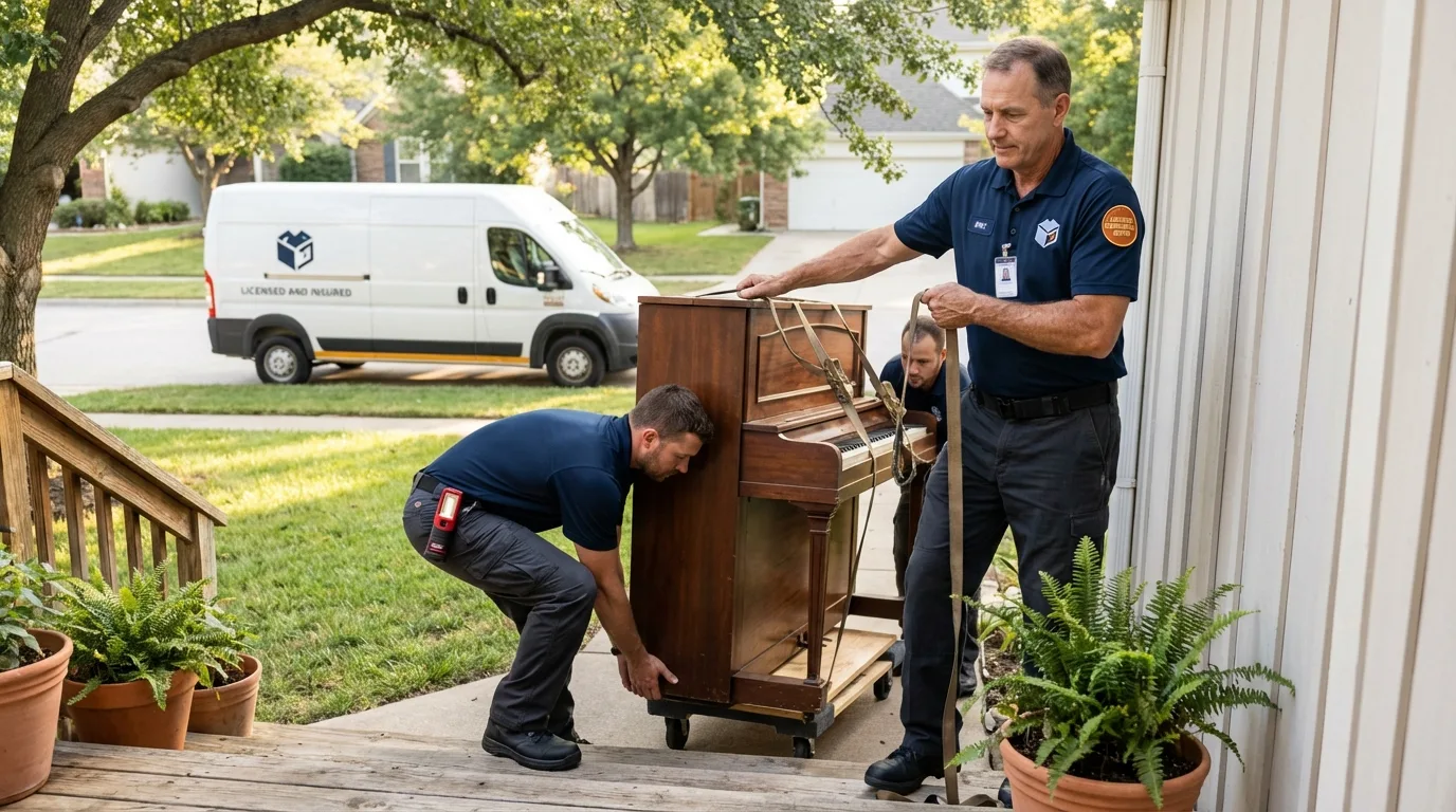 Licensed piano movers securing grand piano in Hermitage, PA