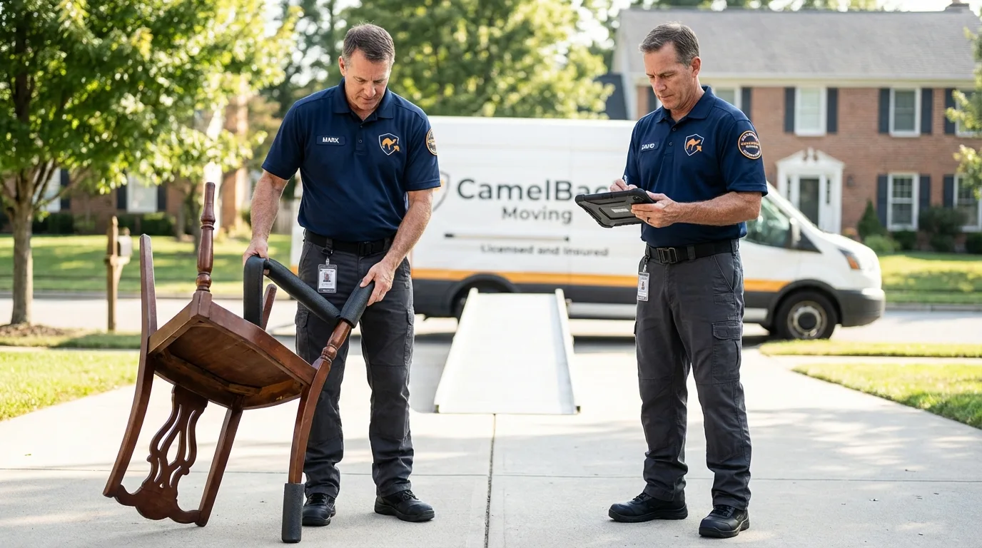 Movers inspecting furniture for damage prevention before loading in Hermitage, PA