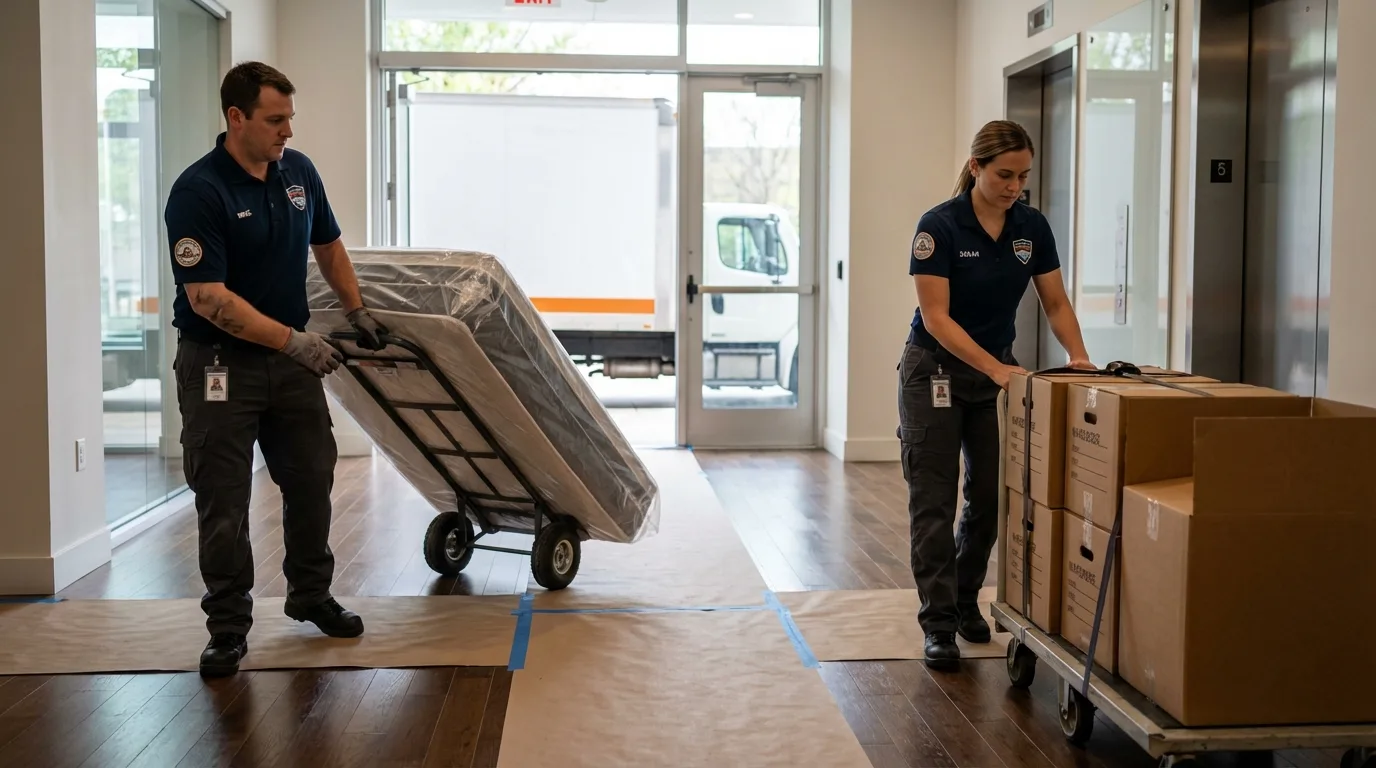Professional apartment movers loading elevator in Hermitage, PA